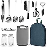 Evanda Camping Kitchen Cooking Utensil Set 10 Piece, Stainless Steel Outdoor Cooking and Grilling Utensil Organizer Travel Set Perfect for Travel, Camping, RVs, BBQs, Picnics, Parties and More