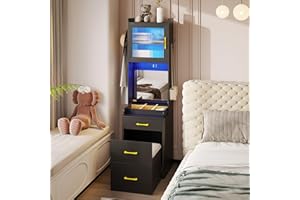 Vlsrka LED Vanity Desk with Flip Top Mirror, Dressing Table with 3 Color Dimmable Lights, Makeup Vanity Table with Storage Cabinet, Cushioned Stool, Vanity Set with Charging Station for Bedroom, Black