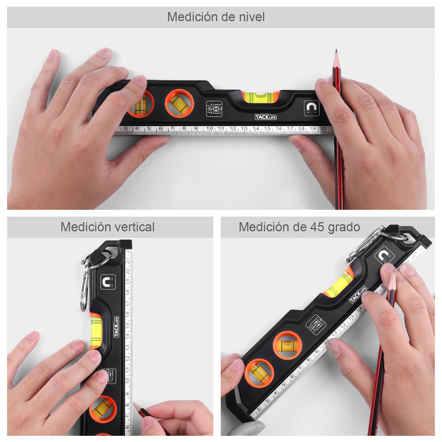 Nivel de burbuja, TACKLIFE -MT-L05-230mm Nivel torpedo magnética, Nivel tubular industrial con tres formas de medición para medir horizontal y vertical, 45 °de ángulo, con Agujero de Suspensión