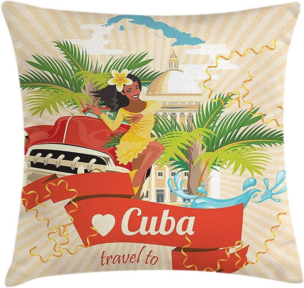 Butlerame Throw Pillow Cushion Cover Cuban Culture And Attractions Concept Smiling Local Lady On Classic Car Among Palms Decor Square Accent Pillow Case
