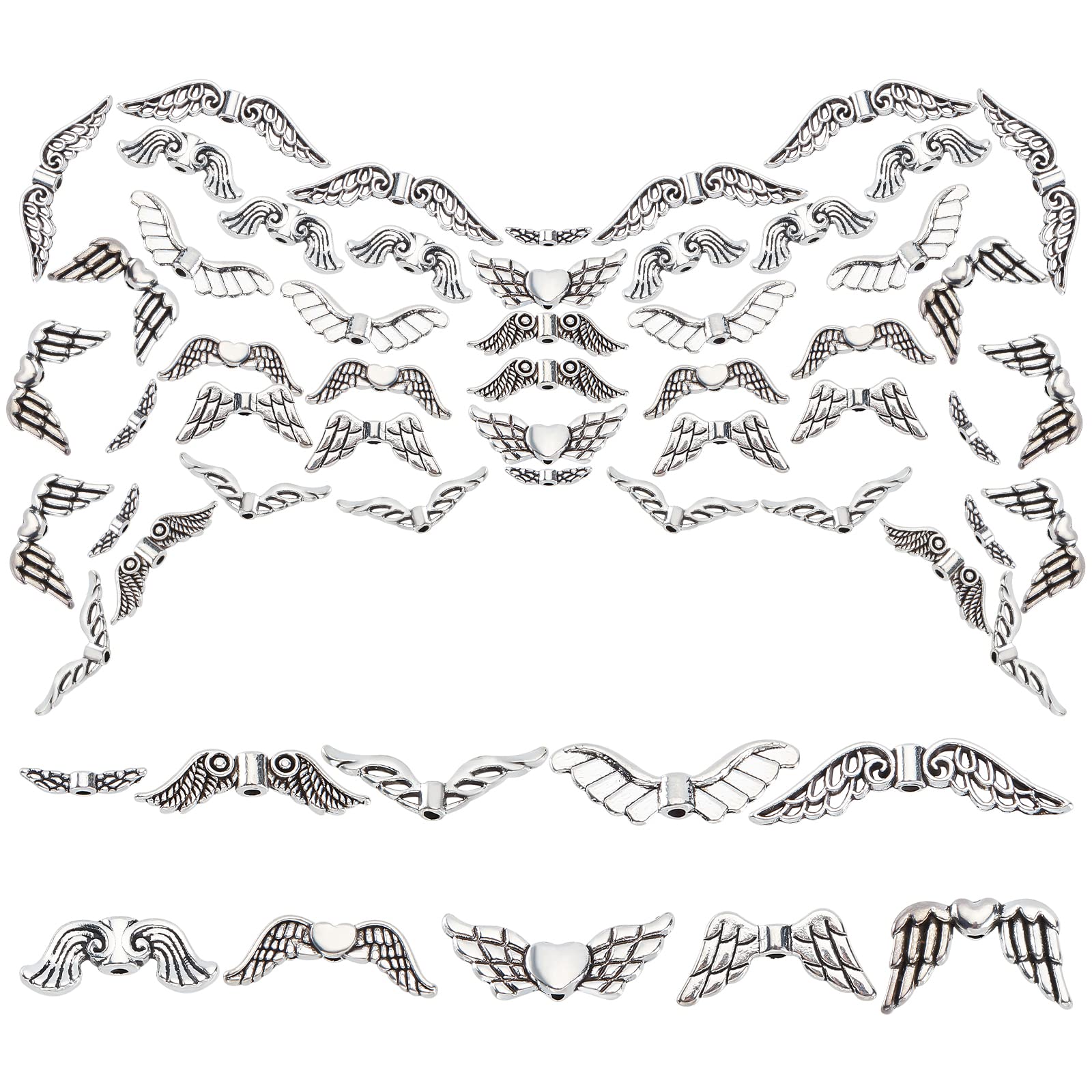 SUNNYCLUE 1 Box 100Pcs 10 Styles Angel Wing Bead Antique Silver Fairy Winged Heart Charms Alloy Feather Vintage Spacers Pendants Tibetan Style Carved for Jewelry Making DIY Bracelets Findings — image 1