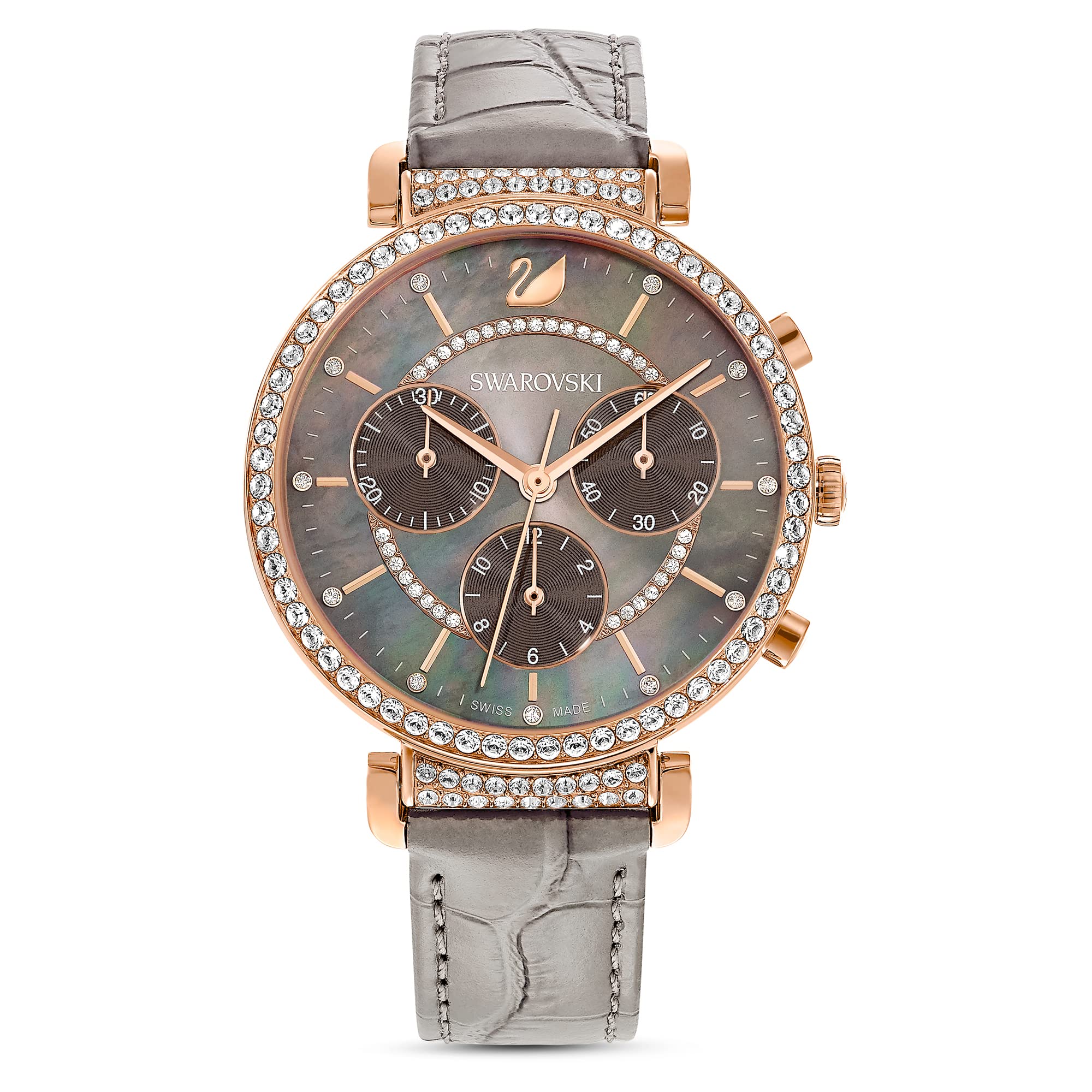 Swarovski Passage Chrono Watch, Leather Strap, Grey, Rose Gold-Tone Finish