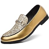 COSIDRAM Men's Glitter Dress Shoes Fashion Metallic Sequins Gold Buckle Luxury Patent Leather Loafers Wedding Party Prom