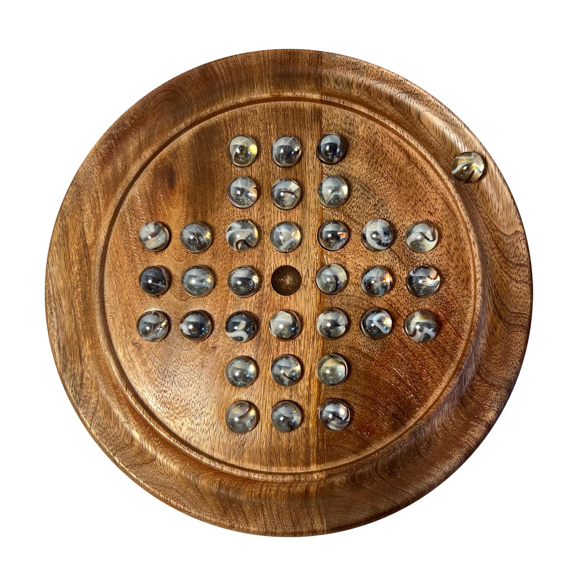 22cm Diameter wooden SOLITAIRE BOARD GAME with CLEAR POLAR SWIRL GLASS MARBLES | classic wooden solitaire game | strategy board game | family board game | games for one | board games