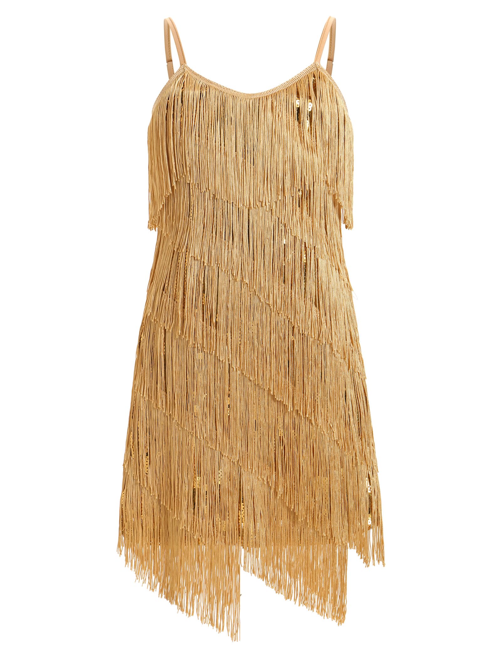 Photo 1 of Kids 1920s Fapper Dress for Girls Latin Dance Dress Tiered Tassel Sequin Fringe Dresses for Girls Ballroom Dance Costumes Sleeveless Roaring 20s Gatsby Salsa Cha Cha Dancer Outfits Gold 8-9 Years