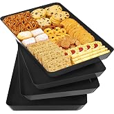 SpaceTrove 4-Pack Serving Tray Set, Reusable Plastic Serving Platter for Party Supplies, Entertaining, Grilling Accessories, Stackable Kitchen Snack Box Container for Dessert, Fruit, Cookie, (Black)
