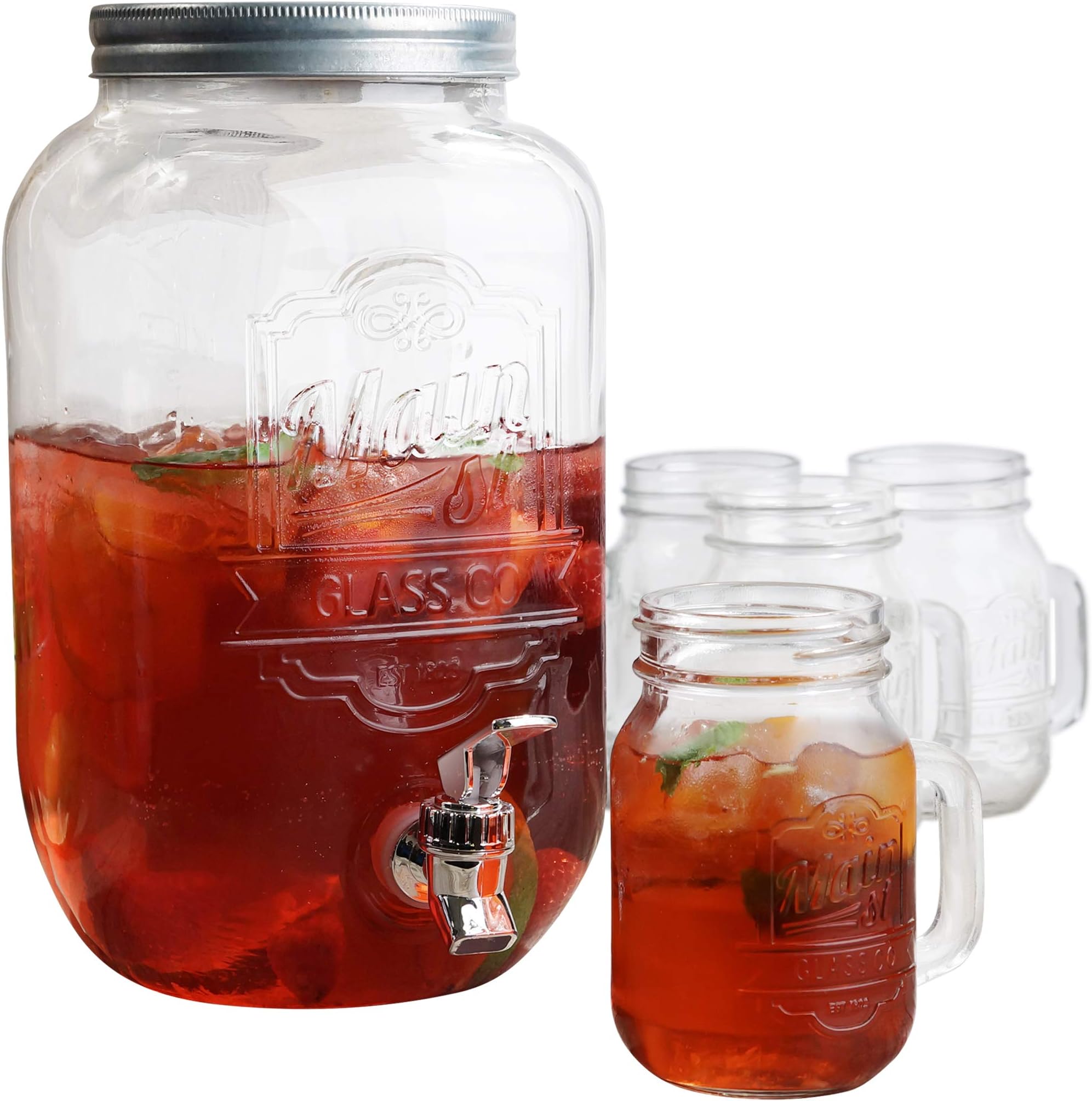 Style Setter Hand Jay Imports Beverage Set-Dispenser (2 Gallon)/ 4 Mason Jar Mugs With Handle, Clear