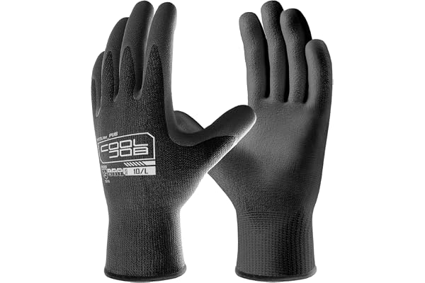 COOLJOB 12 Pairs PU Coated Safety Work Gloves, Non-Slip Grip, Black Size L | For Men & Women, Ideal for Construction, Gardeni