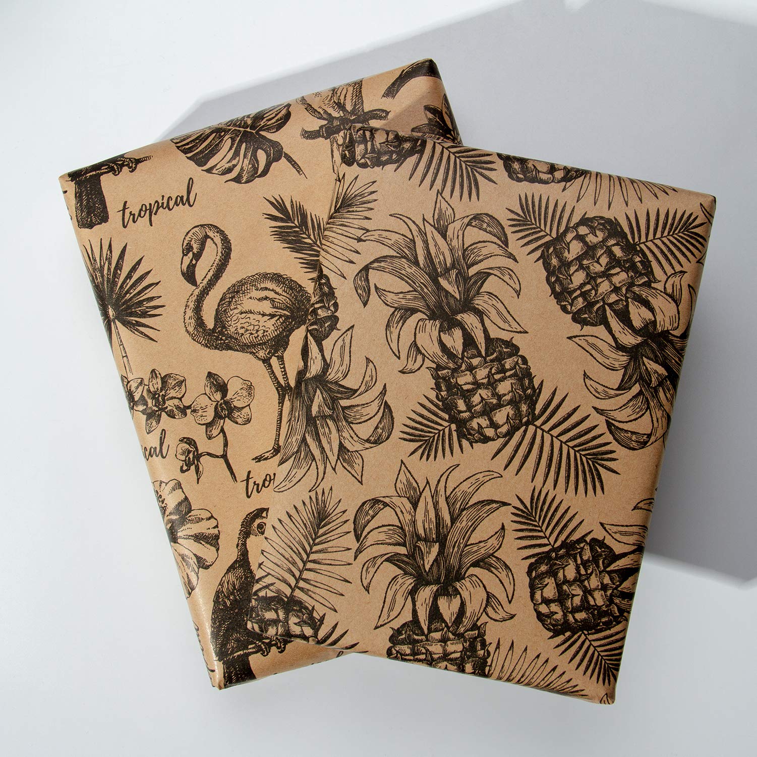 RUSPEPA Kraft Wrapping Paper Roll - Black Tropical Summer Elements Printed Great for Congrats, Holiday and Special Occasion - 4 Roll - 30Inch X 10Feet Per Roll