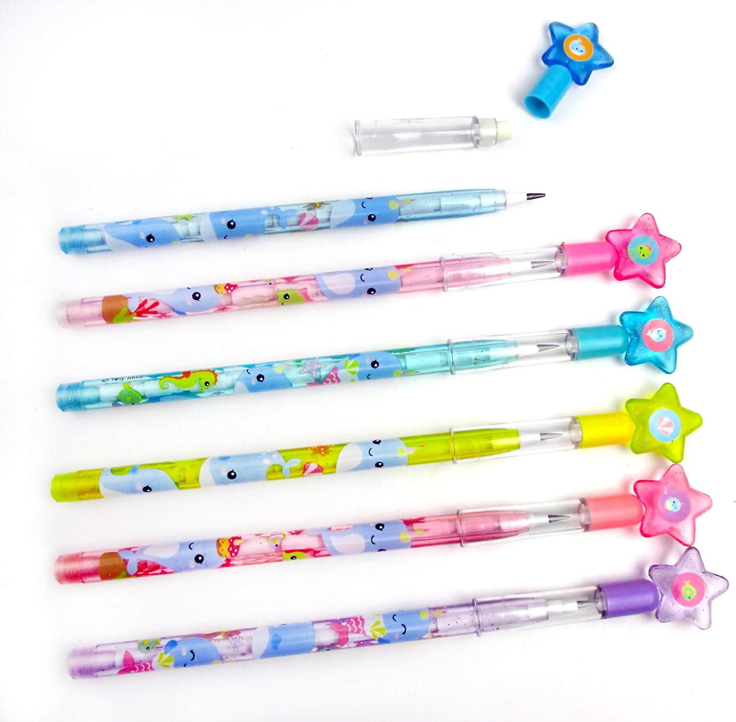 TINYMILLS 24 Pcs Narwhal Multi Point Pencils Stackable Stacking Push Pencils Assortment with Eraser for Girl Birthday Party Favor Goodie Bag Stuffers Carnival Prizes Classroom Rewards: Office Products