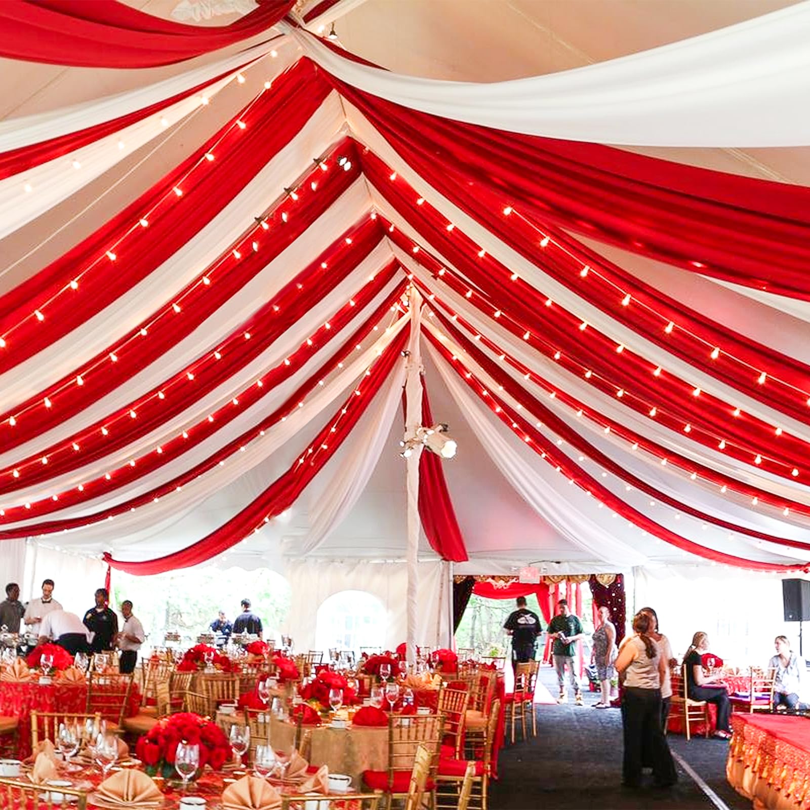 Photo 1 of 6 Panels Red Ceiling Drapes for Wedding 5ftx30ft Chiffon Fabric Arch Draping Curtains Sheer Drapery for Party Ceremony Birthday Baby Shower Reception Stage Swag Ceiling Decorations