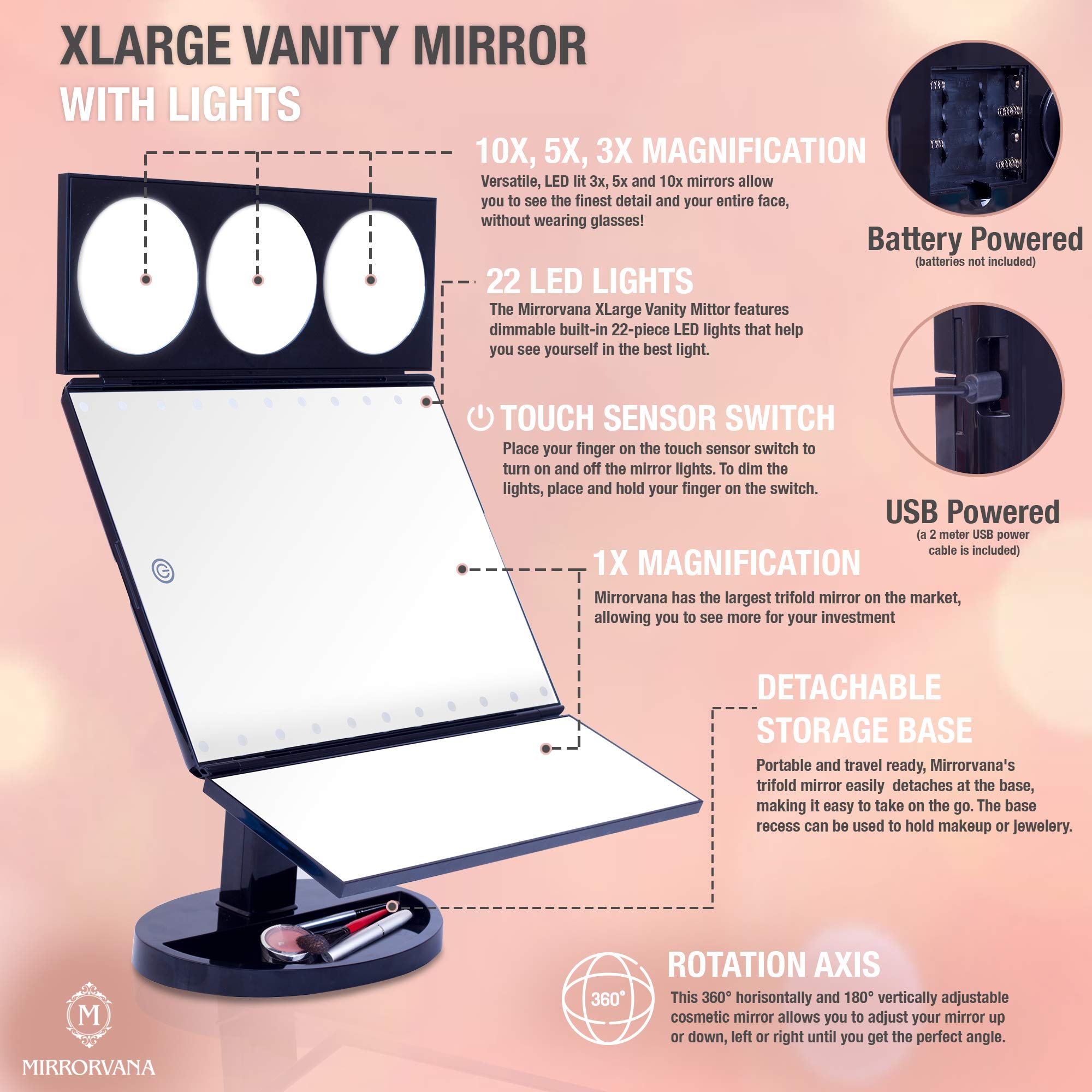 Mirrorvana XLarge Hollywood Style Trifold LED Lighted Makeup Mirror