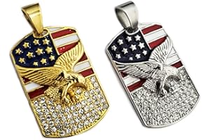 MAXBLING81 Iced Stainless steel American Flag Eagle Dog Tag Gold Silver Tone Charm Pendant