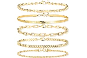 Poxtex Gold Bracelets for Women, 14K Real Gold Dainty 7" +2" Adjustable Multilayer Trendy Bracelets Set for Women Waterproof 