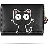 SNCCJ Cute Wallets for Teen Girls, Aesthetic Coquette Trifold Womens Small Wallet with Card Holder ID Window (3D Cat Pattern Black)