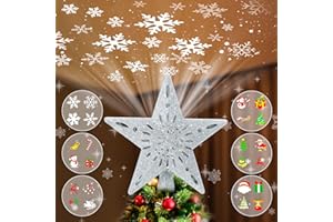 WILUX Christmas Tree Topper Projector Lights with 6 Projection Modes, Sliver Star Christmas Tree Topper with Built-in LED Projector, Dynamic Projection for Christmas Party Holiday Decoration