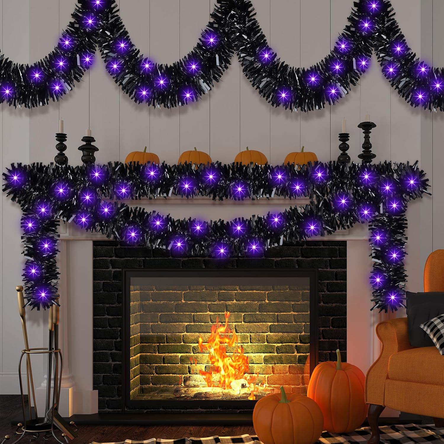 Wreaths, Garlands & Swags - Chuangdi 16.4 ft Halloween Tinsel Garland Halloween Twist Garland with 50 LED String Lights Battery Operated Garland Hanging Metallic Tinsel Decoration for Party (Black with Purple Light)