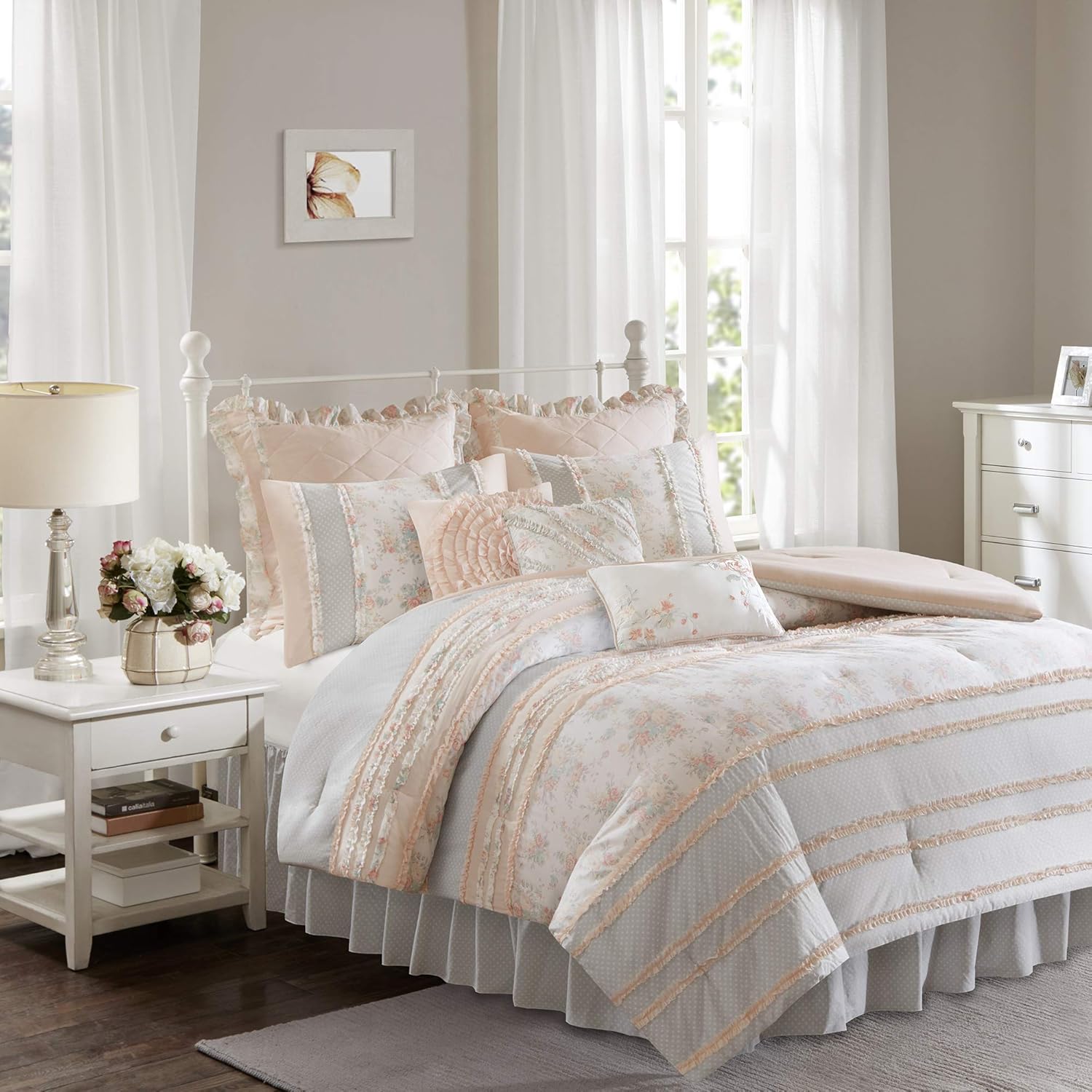 Madison Park 100% Cotton Comforter Set-Modern Cottage Design All Season Down Alternative Bedding, Matching Shams, Bedskirt, Decorative Pillows, Queen(90"x90"), Serendipity, Coral 9 Piece: Home & Kitchen