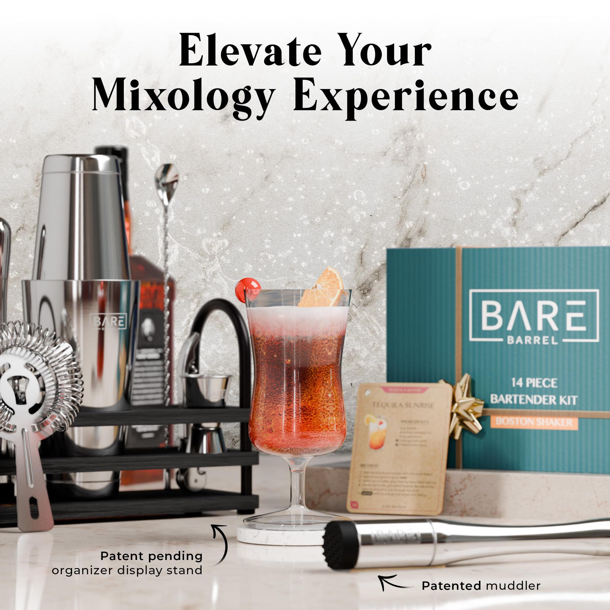 BARE BARREL® Mixology Bartender Kit Bar Set | 14-Piece Cocktail Shaker Set | Martini Barware Mixing Tools for Home Bartending | 35 Recipe Cards | Gift Set (28oz Boston Shaker, Silver/Black)