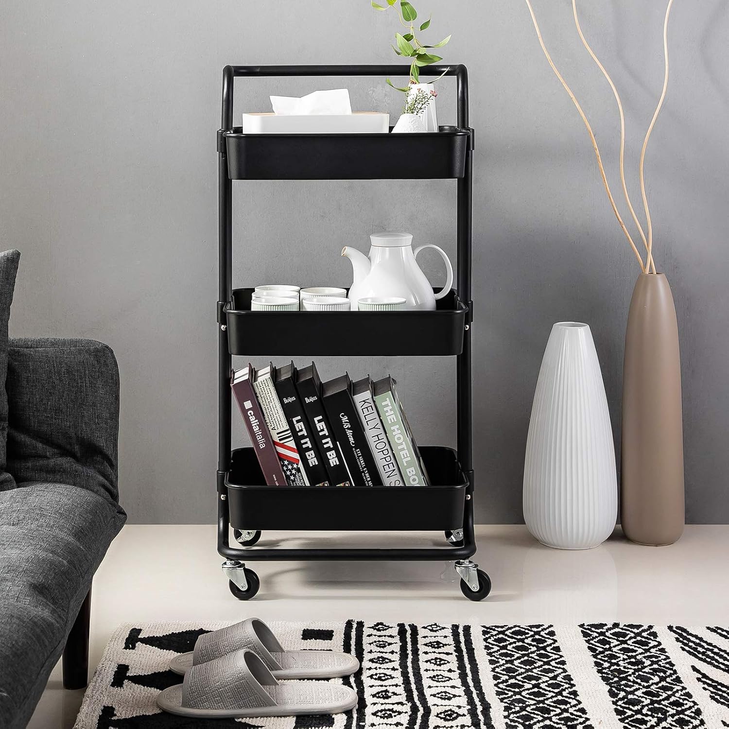 MAXCOOK 3-Tier Rolling Utility Cart, Storage Cart with Handle and Lockable Wheels for Office, Kitchen, Bedroom, Bathroom, Laundry Room & Dressers, Black: Furniture & Decor