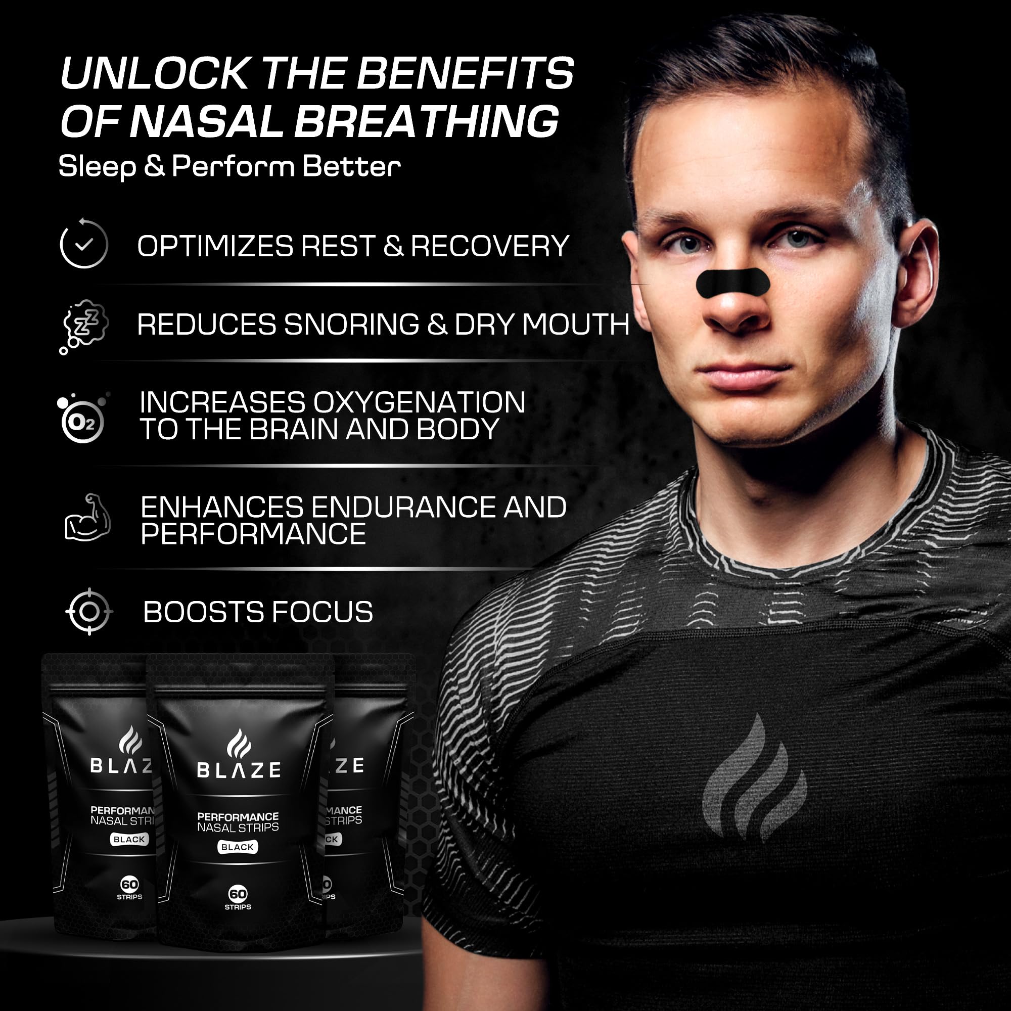 Performance Nose Strips for Breathing (60 Count) - Oil & Sweat Proof Adhesive - Athletic Nasal Strips for Snoring & Sleeping - Black, Wide Body, Universal Fit, Extra Strength