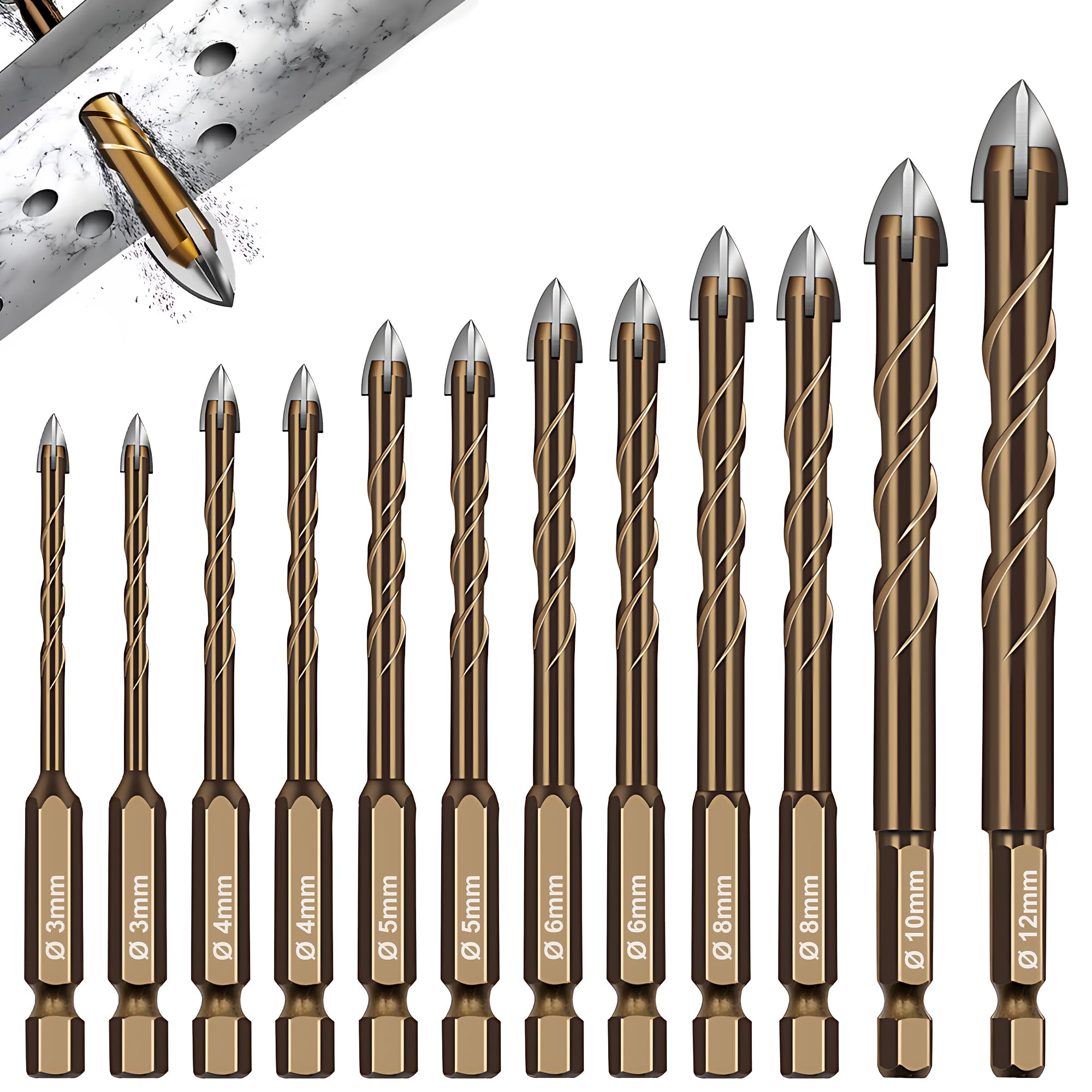 Fliesenbohrer Set 12 tlg, Glasbohrer Set Ø 3-12 mm, Universalbohrer Keramikbohrer mit Sechskantschaft, für Metall Ziegel Glas Kunststoff Holz