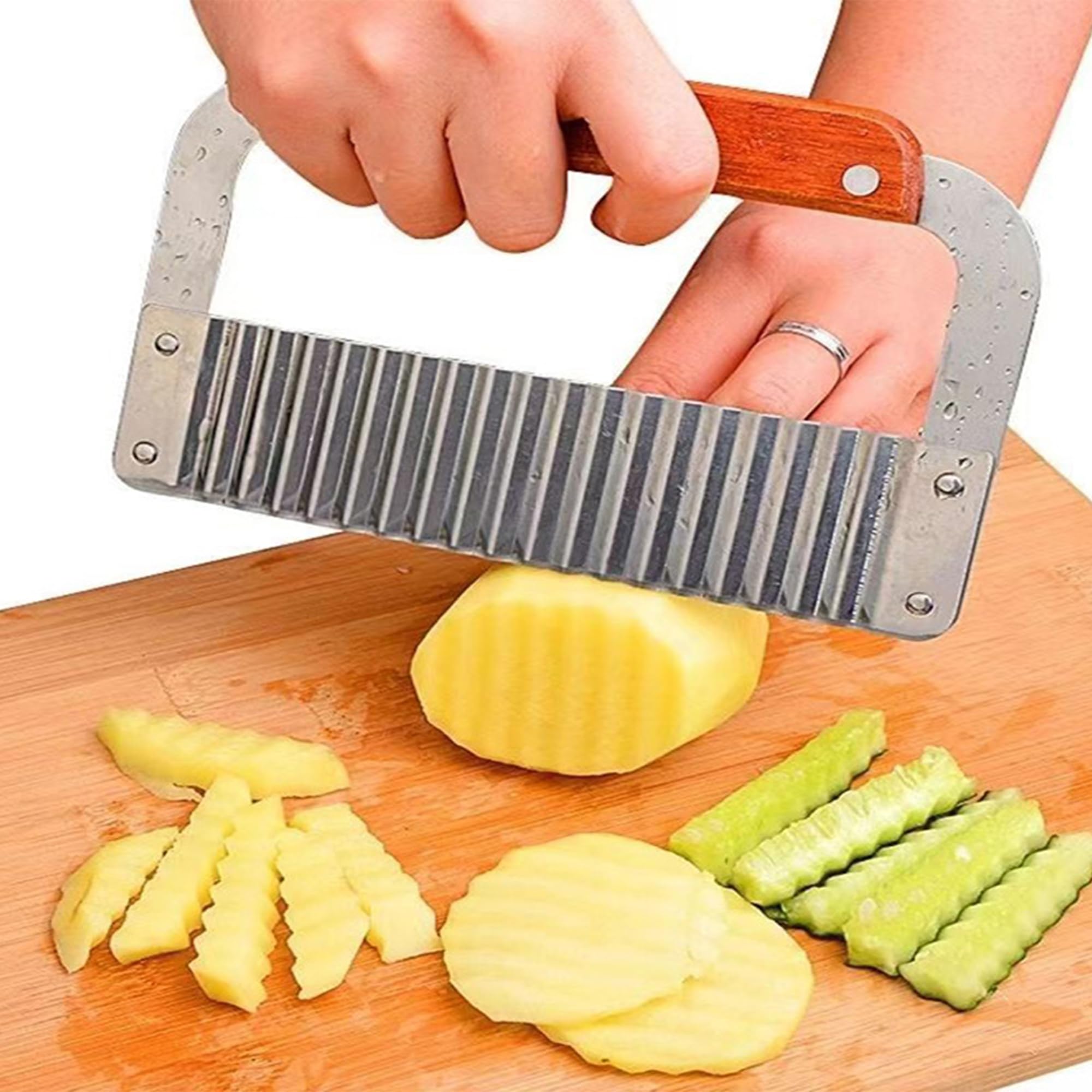 Chip wave knife stainless steel french fries cutter potato wave cutter, Wooden Handle, Potato Knife, Wave Knife, Vegetable Crinkle Chip Cutter Tool for Potato Chips, French Fries, Fruits