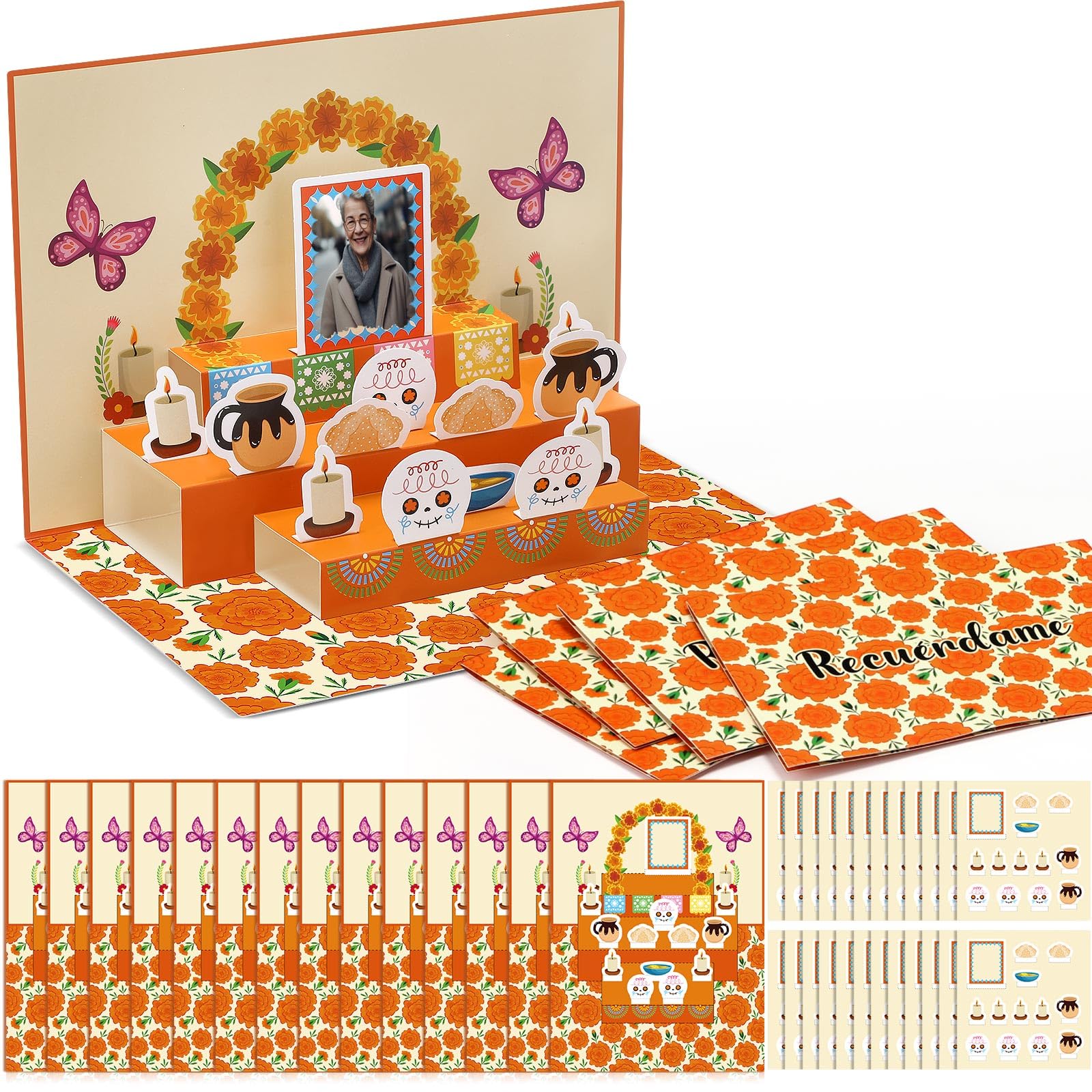Photo 1 of Motipuns 24 Set Day of The Dead Altar DIY Crafts Kit Día De Los Muertos Ofrenda Decoration Card with Marigold Photo Frame Skull Candle for Mexican Halloween Party Supplies