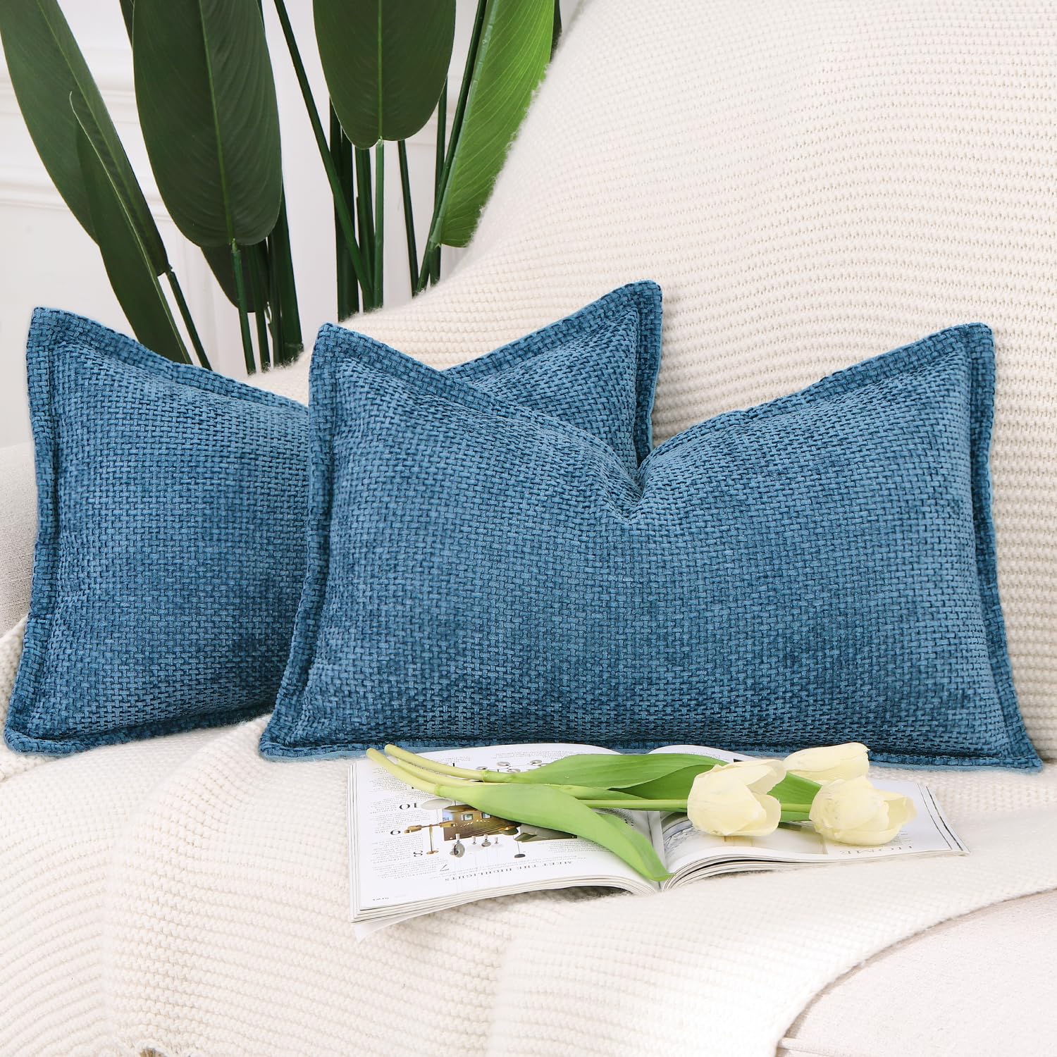 Madizz Set of 2 Chenille Velvet Cushion Covers with Flange Soft Boho Textured Throw Pillow Covers Broadside Pillowcases Modern Farmhouse Home Decor for Sofa Bedroom Dark Blue 12x20 inch, 30x50 cm