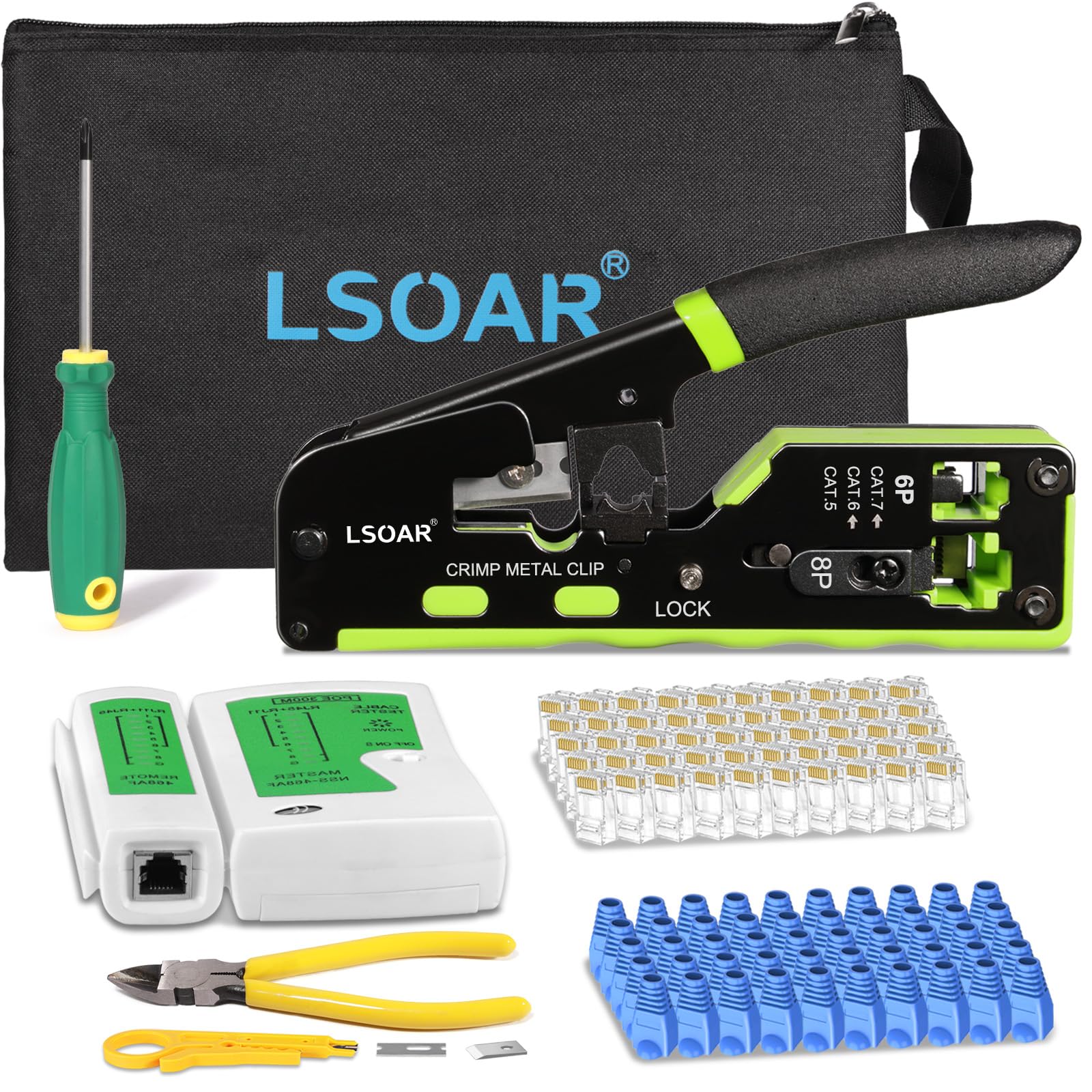 Lsoar RJ45 Crimp Tool Ethernet Tool Kit Pass Through RJ45 Crimper Cat5 Cat5e Cat6 Crimping Tool Kit for Pass Through RJ45 Connector