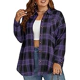 VISLILY Plus-Size-Tops for Women Casual Button Down Flannel Plaid Shirts Long Sleeve Tunics Collared Dressy Blouses XL-5XL