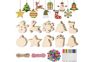 Korlon 134 PCS DIY Christmas Ornaments, Unfinished Wooden Christmas Ornaments Set to Paint, Christmas Crafts for Kids in 10 Shapes Centerpiece Holiday Xmas Tree Hanging Ornaments
