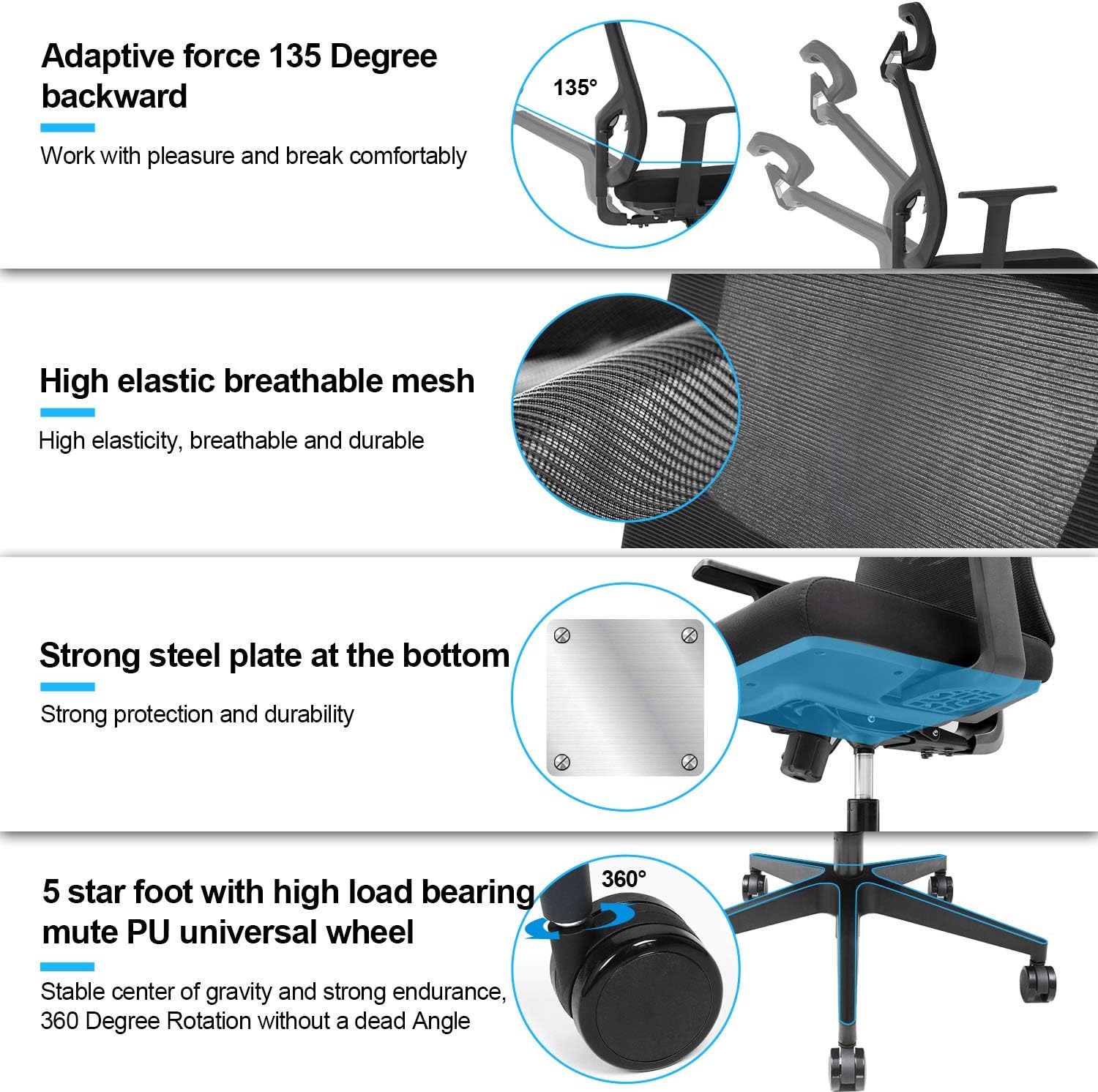 Ergonomic Office Chair,Home Comfort Chairs,High Back Adjustable Home Desk Chair with Lumbar Support,High Back with Breathable Mesh,Thick Seat Cushion,Adjustable Head & Lumbar Support: Kitchen & Dining