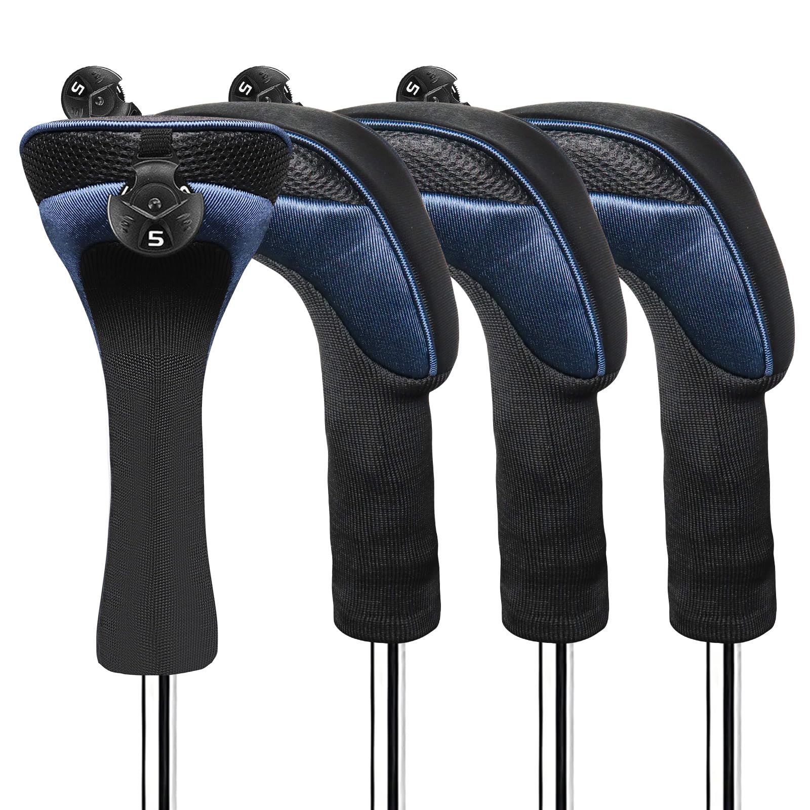 FINGER TEN Golf Club Head Covers Woods Hybrids Long Cover, Headcovers with Interchangeable No. Tags Fit All Hybrids Wood Clubs Light Durable (Navy-4 Pack Hybrid Covers)