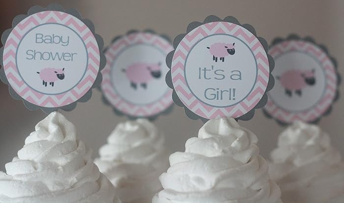 Amazon Com 12 Pink Grey Chevron Lamb Sheep Baby Shower Cupcake