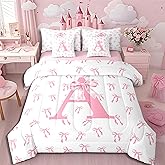 Erosebridal 7Pcs Initial Letter A Comforter Set Full Cute Monogrammed Bowknot Bedding Set for Kids Women Lady Pink Bow Princess Bed in a Bag Modern Simple Pink White Bow Knot Sheet Set with Comforter
