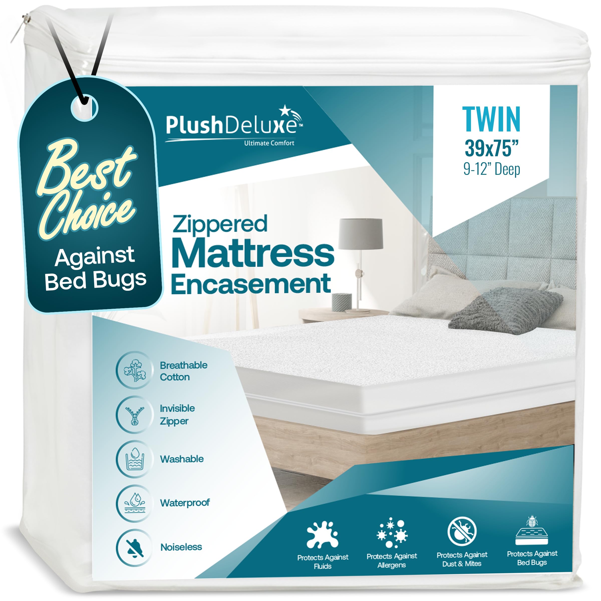 Photo 1 of PlushDeluxe Premium 100% Waterproof Mattress Encasement, Breathable Soft Cotton Terry Surface (9"-12" Deep, Twin 39X75)