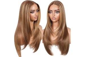 BrownBomb Wear and Go Glueless Wigs Pre Plucked Pre Cut for Beginners Honey Blonde Synthetic Lace Front Wigs For Woman Long layered straight Wigs with bangs 427 middle part wig 26 Inch