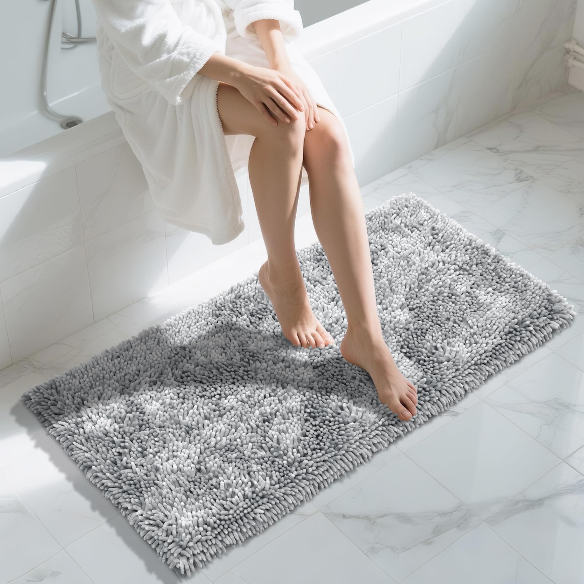 Photo 1 of Yimobra Long Bathroom Rug Non Slip 44x24 Inch, Extra Thick Soft Absorbent Chenille Bath Mat, Machine Washable Bath Rugs for Bathroom Floor, Tub and Shower, Home Decor Accessories, Light Grey
