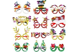 BLOWATA 12 PCS Christmas Glasses, Light Up Christmas Eyeglasses Frame, Colorful LED Lights Xmas Santa Hat Reindeer Antler Christmas Tree Design Glasses Bulk Gift for Christmas Holiday Party Favor Supplies