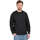SAOL 100% Merino Wool Men's Irish Traditional Aran Crew Neck Cable Knit Sweater Pullover