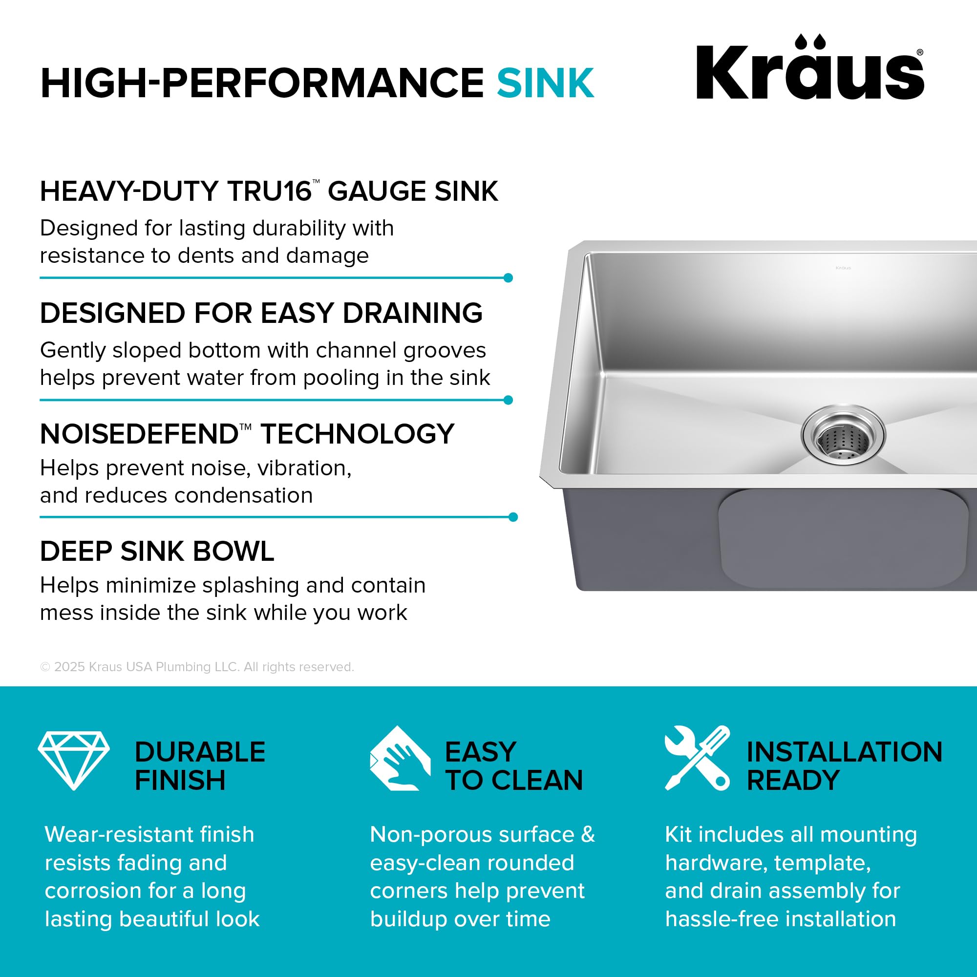 KRAUS Standart Pro 30 -inch Undermount Single Bowl 16 Gauge Stainless Steel Kitchen Sink, KHU100-30