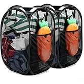 HOUSE AGAIN 2 Pack Strong Mesh Pop Up Laundry Hamper, 70L Collapsible Laundry Basket with Steel Frame, Double‑Stitched Handles &amp; Side Pocket, Foldable Dirty Clothes Hamper for Dorm, Bedroom, Black