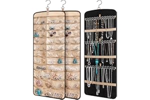 Vincreem 2 Pack Hanging Jewelry Organizer Storage with 39 Pockets, 30 Necklace Hooks Double Sided Wall Mount Earring Holder Organizer Bracelet Necklace Jewelry Display Hanger for Closet Door(Black)