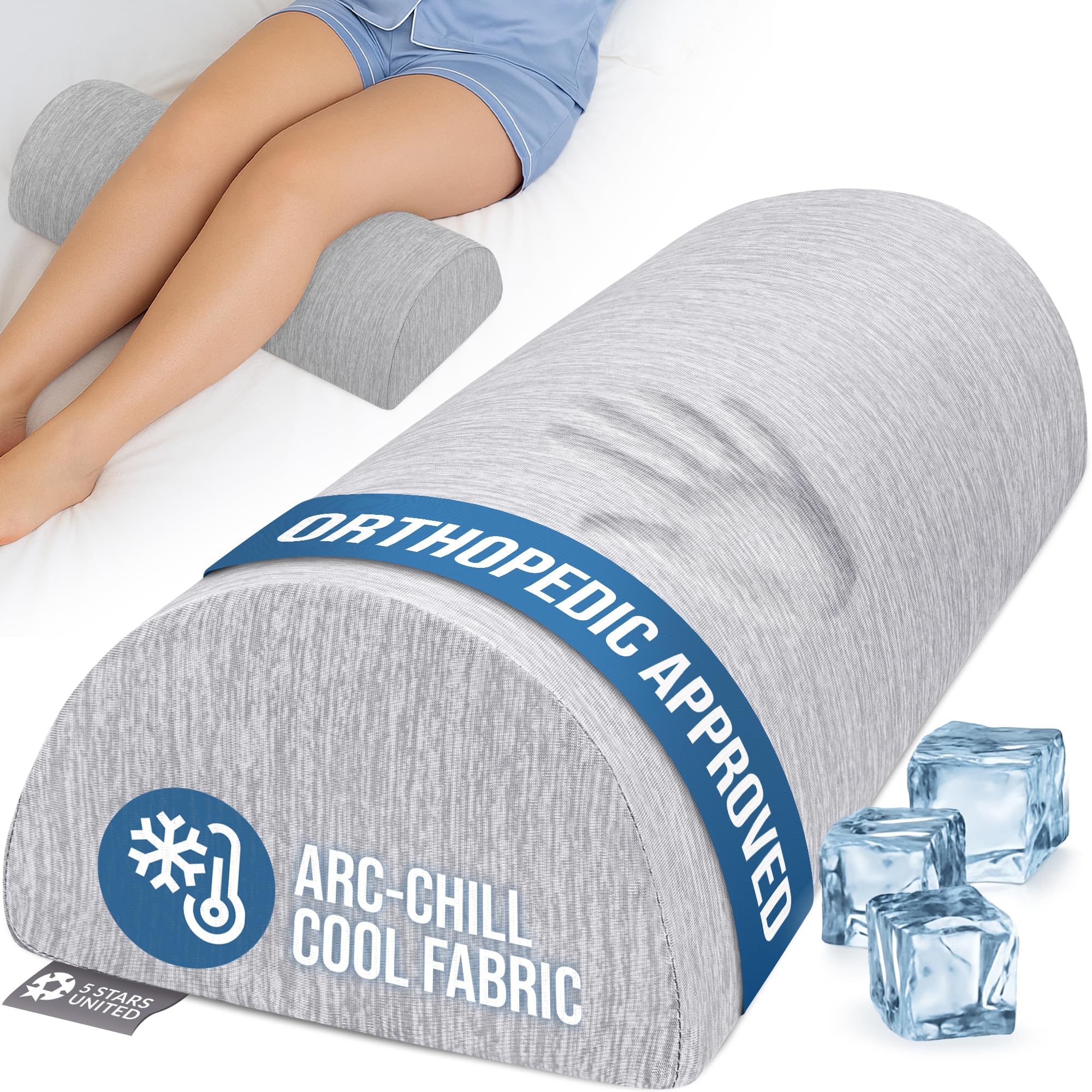 Photo 1 of 5 STARS UNITED Knee Pillow for Back Sleeping – Cooling Cover - Memory Foam Cushion for Sciatica Pain Relief – Under Leg Support for Sleeping on Back – Large Half Moon Bolster for Bed, Arctic Gray