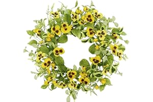 YNYLCHMX 18" Spring Wreaths for Front Door Summer Wreath with Green Eucalyptus Leaves, Yellow Pansies, and Ivy Leaves, Artificial Wreath Green Foliage Wreath for Wall Window Farmhouse Party Decor