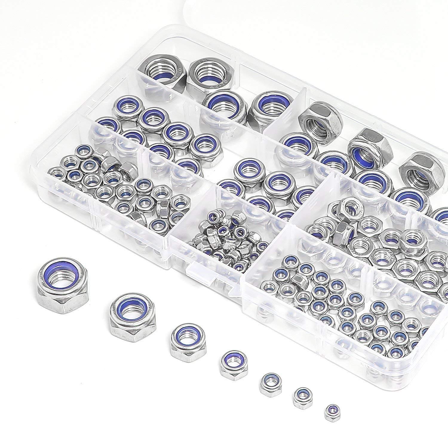DollaTek 165-Piece M3 M4 M5 M6 M8 M10 M12 (Locknuts) 304 Stainless Steel Nylon Lock Nut Assortment Kit