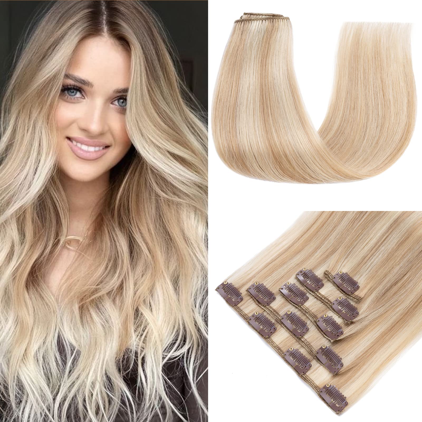 S-noilite Clip in Hair Extensions Real Human Hair Ash Blonde/Bleach Blonde, 5Pcs 12 Clips Remy Natural Hair Extension Seamless Clip in Hair Extensions for Women 18 Inch(70g)