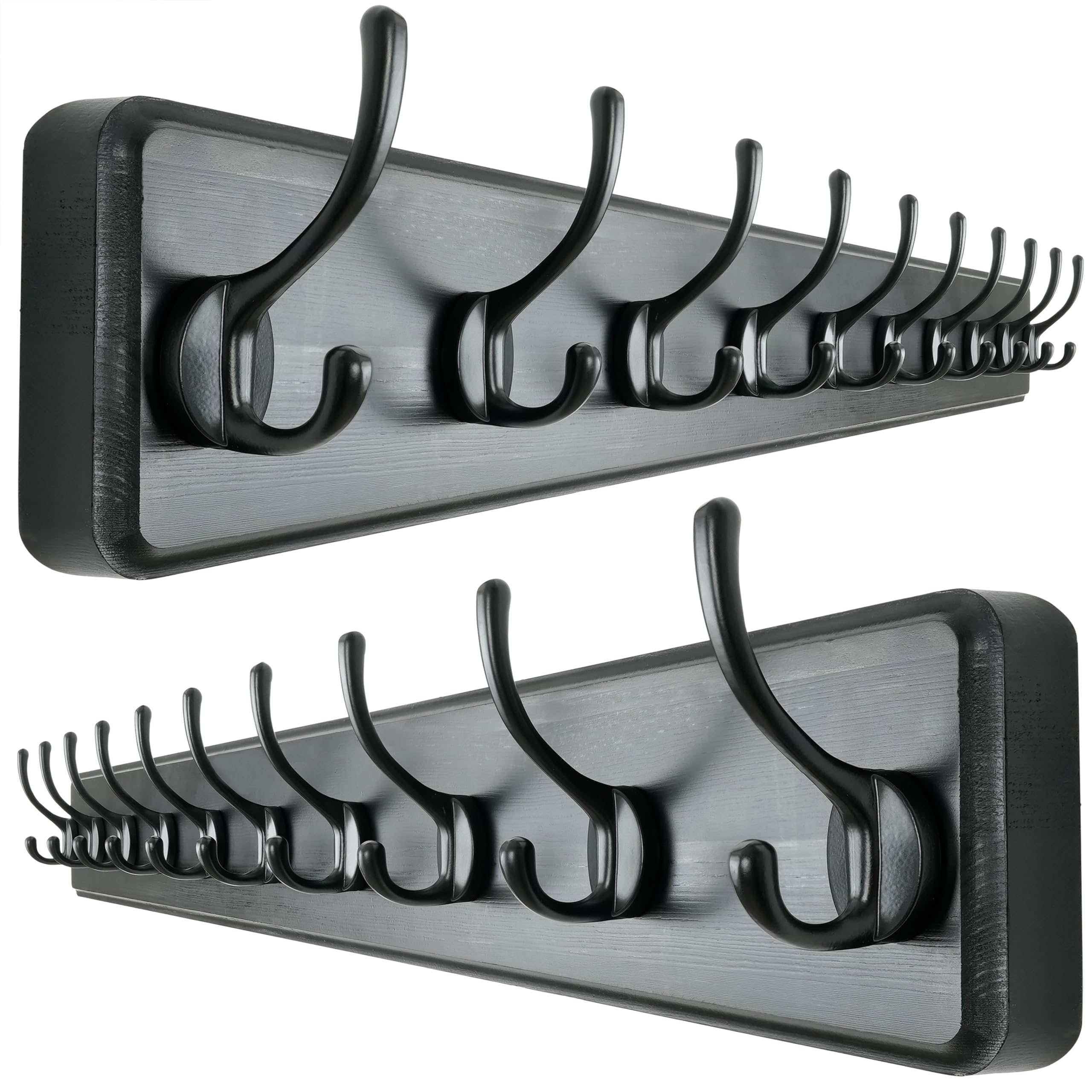 Dseap Coat Rack Wall: 97cm Long, Patented, Heavy-Duty, 10-Double-Hooks Wooden Wall Mounted Coat Rack Coat Hanger Hook Rail for Winter Coats Hat Jacket Clothing, Black, Pack of 2