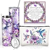 Skylety 3 Pcs Purple Hummingbird Gift for Women 20 oz Stainless Steel Insulated Tumbler with Straw and Brush Bracelet Makeup Bag Inspirational Gift for Spring Teacher Mothers Day Birthday